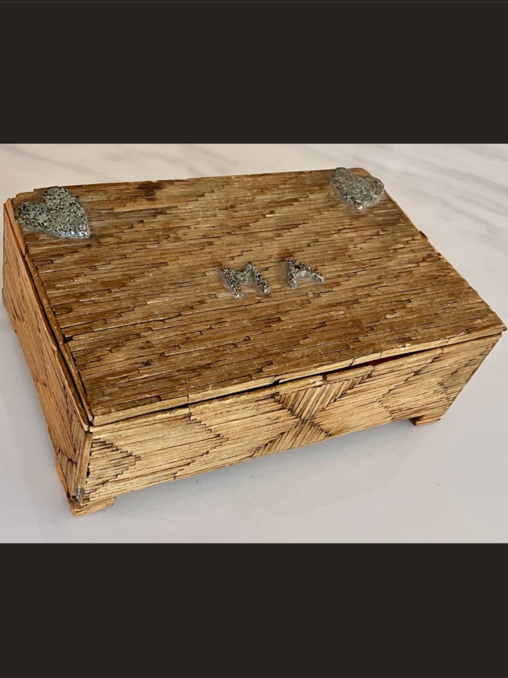 1930s Tramp Art Jewelry Box Tribute to Ma, Cigar Box, Matchwork Velvet Lining
